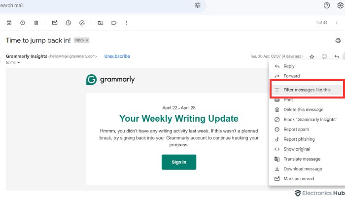 Using an existing email - Filter Messages